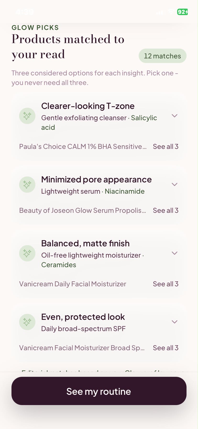 Glow product recommendations shown on an iPhone
