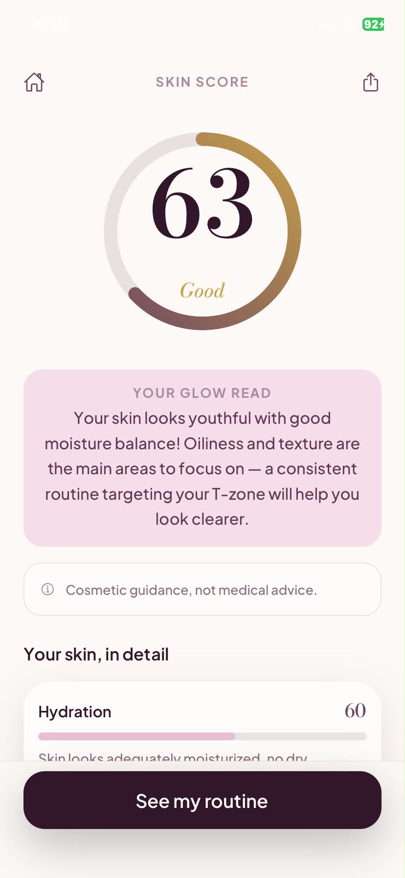 Glow Skin Score screen