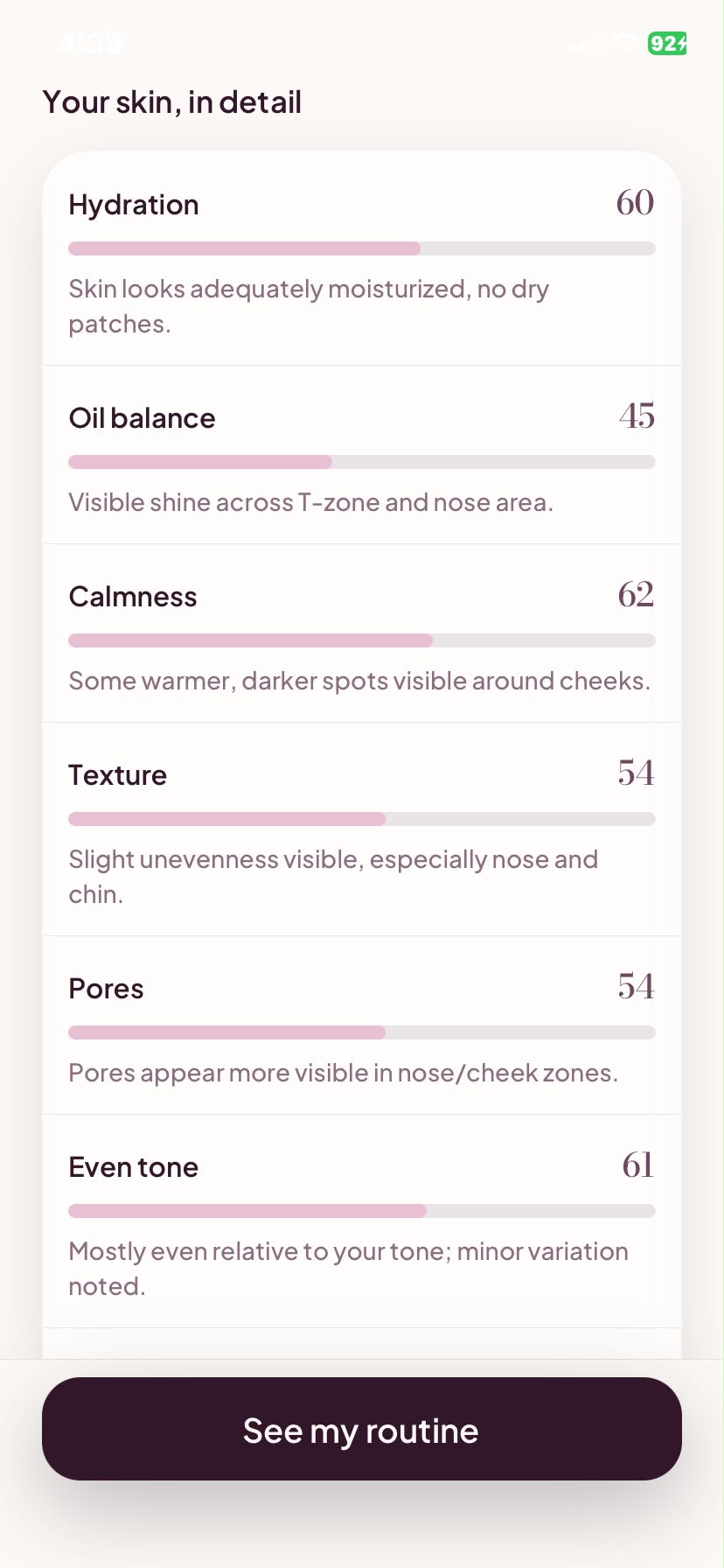 Glow detailed skin metrics screen